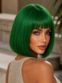 Versatile Green Straight Wig 12 Inch, Heat-Resistant Synthetic Fiber With Bangs, Elegant Style For Daily Wear And Parties, Women's Universal Wig,Halloween - Green - View 1