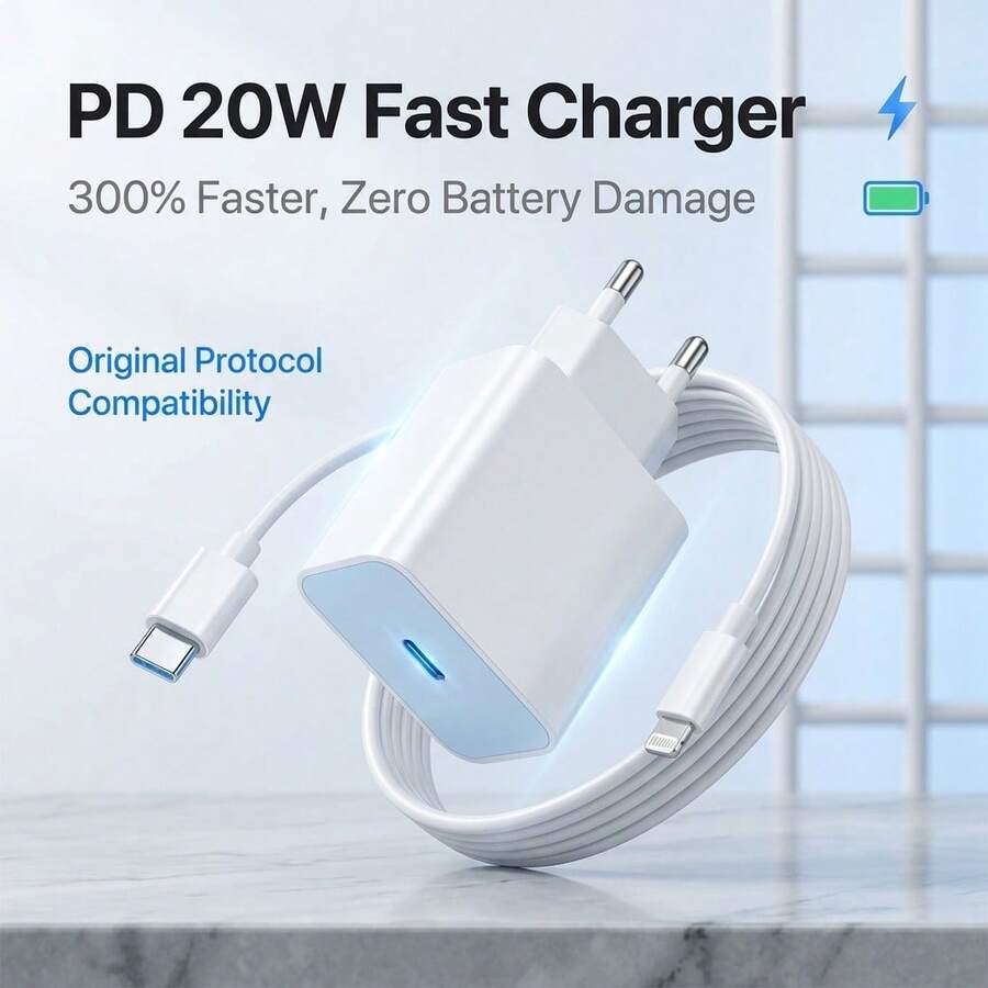 EU 20W 快充套裝 USB C 壁式充電器與 3.3ft/100cm Type C 轉 Lightning 傳輸線,相容 iPhone 14 Pro Max/14 Pro/14/13 Pro Max/13 Pro/13/12 Pro Max/12 Pro/12 手機適配器 - 查看 1