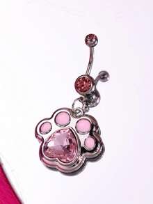 Large Pink Cute Cat Paw Pendant Belly Button Ring, Y2K Creative Cartoon Body Piercing, Personalized Exaggerated Women's Jewelry - Multicolor - View 3