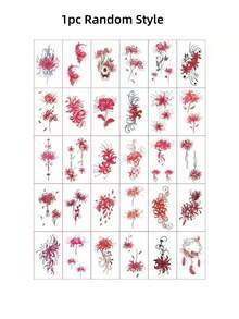 1pc Tattoo Sticker - Ink Splatter Red Pearl Lotus Pattern, Minimalist Vertical Design, Temporary Tattoo Sticker, Washable PVC Material, Waterproof And Sweatproof, Suitable For Hands, Arms, Waist, Abdomen, Back, Legs - Non-Reflective, Realistic Tattoo Design, Suitable For Travel, Music Festivals, Games, Graduation Gifts, Daily Use. Lasts 3-5 Days. - Multicolor - View 14