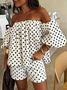 Women's Black & White Polka Dot Off-Shoulder Lantern Sleeve Loose Top And Elastic Waist Shorts 2-Piece Set, Suitable For Beach, Vacation, Summer, Valentine's Day, Beach Party, Travel, Daily Wear, Hangout With Friends - Black and White - View 6