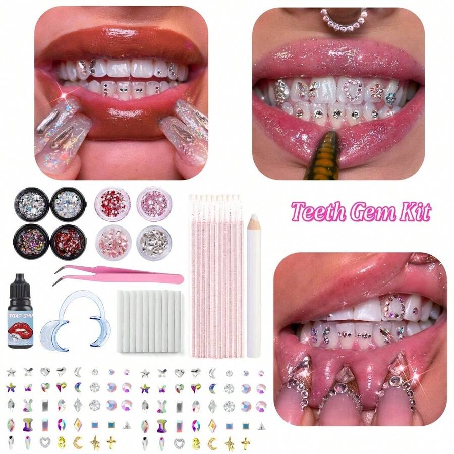 31PCS Fashion Geometric Pattern Tooth Inlay Set, Tooth Decor, DIY Fashion Tooth Starter Accessories, Unisex (Glue Not Included, With Box) - Multicolor - View 1
