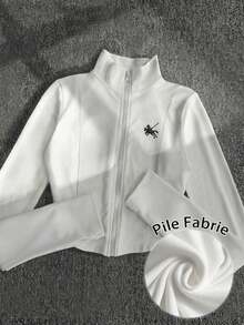 Chaqueta de forro polar con estampado de polo para mujer, chaqueta casual de calle y deportes con cremallera, ajuste delgado y manga larga para otoño - Blanco - Ver 1