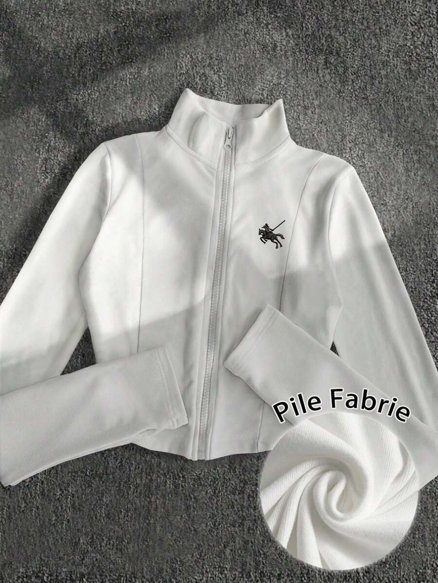 Chaqueta de forro polar con estampado de polo para mujer, chaqueta casual de calle y deportes con cremallera, ajuste delgado y manga larga para otoño - Blanco - Ver 1