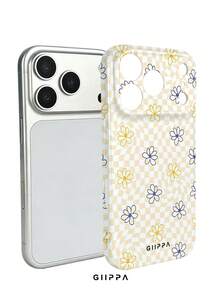 GIIPPA 1pc Yellow & White Asymmetric Grid Base With Floral Pattern Design, Phone 17 Pro Max Phone Case, Compatible With Phone 16 Pro Max, 15 Pro Max, 14 Pro Max, Korean Style High-End Fashion Fun Phone Case, Compatible With 11/12/13/14/15/16 Pro Max Plus, Elegant Design Suitable For Men And Women, Perfect Gift For Girlfriend On Christmas, Valentine's Day, Easter, Wedding Season And Birthday! - Yellow - View 2