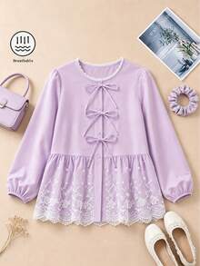 Rikumo Women's Sweet Bowknot Round Neck 3/4 Sleeve High Waist Embroidered Patchwork Blouse, Tops, Spring Tops, Summer Tops Vacation - Mauve Purple - View 3
