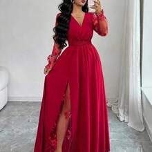 xuehuamaoyi02  Vestido elegante de mujer con cuello en V profundo, parche de encaje, manga larga y abertura alta, adecuado para graduación, vacaciones, Día de San Valentín, festivales de música, Día de la Madre, Acción de Gracias, Pascua, Día Nacional, bailes, citas, fiestas, bodas, actividades al aire libre, primavera/verano - Rojo - Ver 4