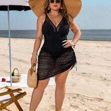 guangzhougaolangshangmao Swim Lushoire Traje de baño tankini de talla grande con falda, de tela negra y tela jacquard de punto, con cuello en V, tirantes ajustables, cordón con túnel, elegante y sexy para la playa y vacaciones casuales - Negro01 - Ver 5