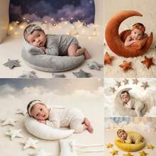 Conjunto de 8 piezas de atuendo y accesorios de fotografía para recién nacidos, para aniversario de luna llena, conmemoración de 100 días, sesión de fotos de bebé (almohada de estrella + diadema con lazo + almohada), accesorios de tela para fotos de recién nacido/luna llena/100 días/decoración de fiesta de bebé - Multicolor - Ver 1