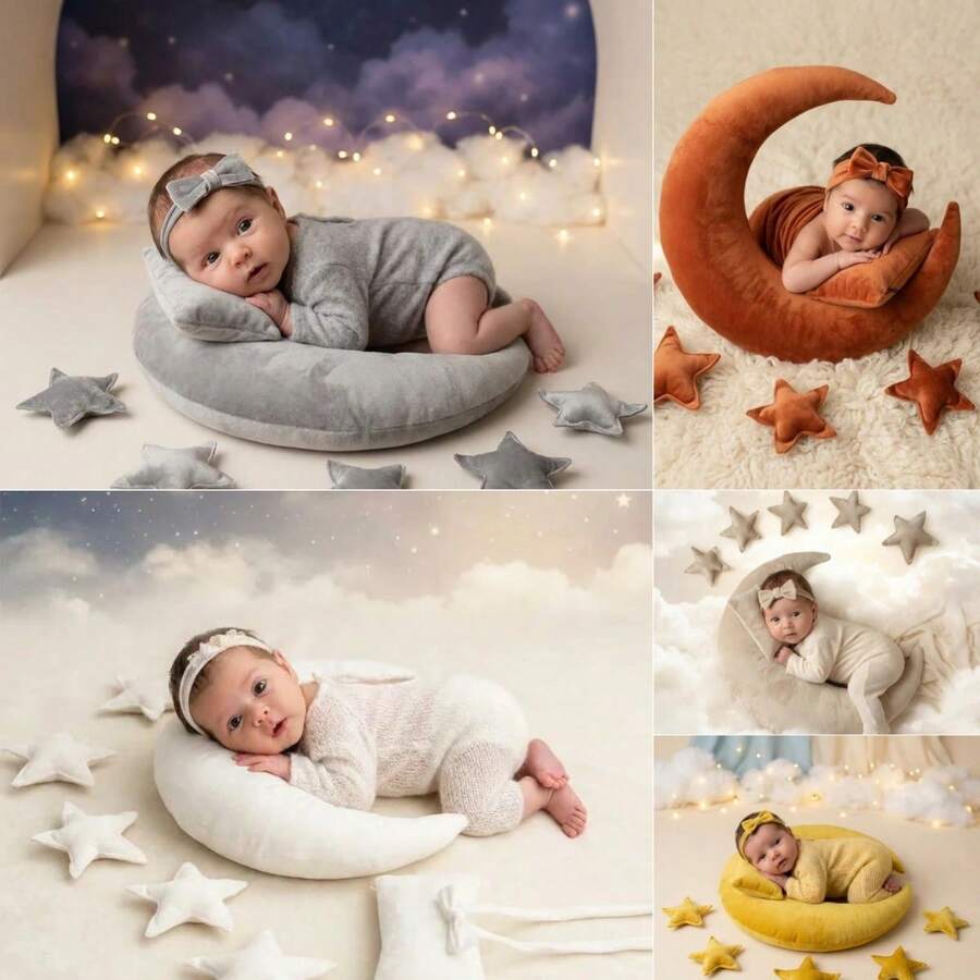 Conjunto de 8 piezas de atuendo y accesorios de fotografía para recién nacidos, para aniversario de luna llena, conmemoración de 100 días, sesión de fotos de bebé (almohada de estrella + diadema con lazo + almohada), accesorios de tela para fotos de recién nacido/luna llena/100 días/decoración de fiesta de bebé - Multicolor - Ver 1