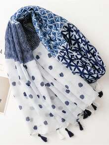 1pc Simple Printed Scarf New Bohemian Colorful Geometric Diamond Print Long Scarf Spring/Summer Sun Protection Silk Scarf - Blue and White - View 2