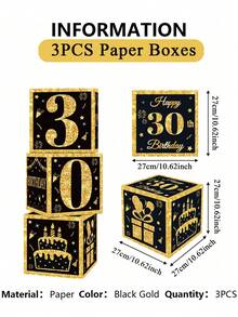 3个黑色金色生日纸盒，适用于18/30/40/50/60/70/75/80岁生日派对装饰，40/50/60岁生日用品，生日快乐派对装饰，家庭派对背景装饰盒，派对背景装饰，摄影道具，礼品包装盒 - 彩色 - 查看 16