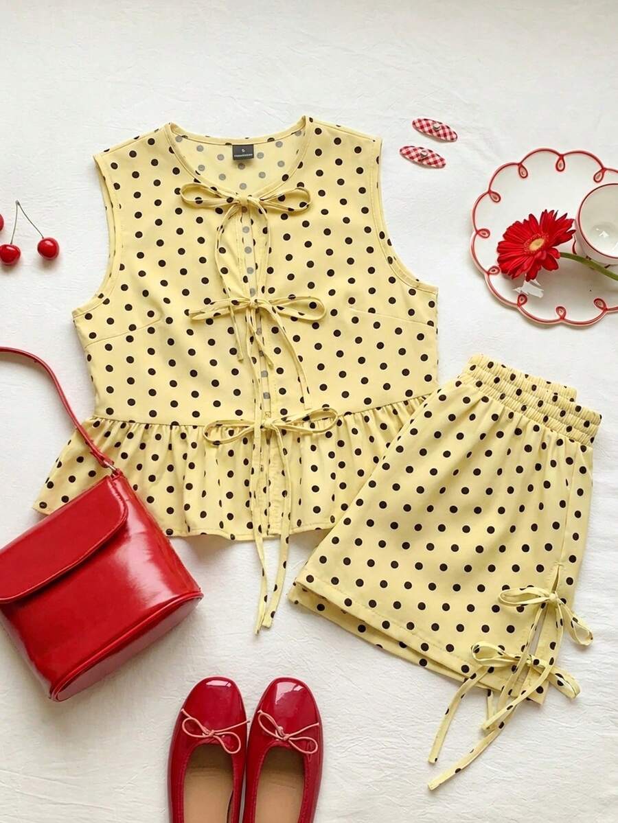 Conjunto de 2 piezas para mujer con cuello redondo, sin mangas, lunares y lazo en color marrón - amarillo ganso - Ver 1
