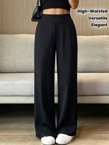 Women's Elegant Black Wide Leg Pants, High Waist Polyester Medium Stretch Trousers, Fashionable Versatile, Suitable For Daily Wear - Black - View 8