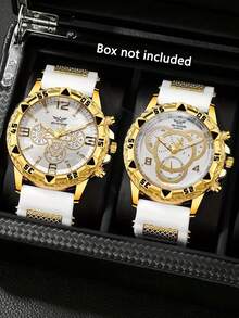 2pcs Men's Large Gold Watch Set, Featuring Bold Gold Case Paired With White Silicone Strap, Large Dial Design With Triangle Markings And Number Indicators On Bezel, Exuding Rugged Luxury - Multicolor - View 1