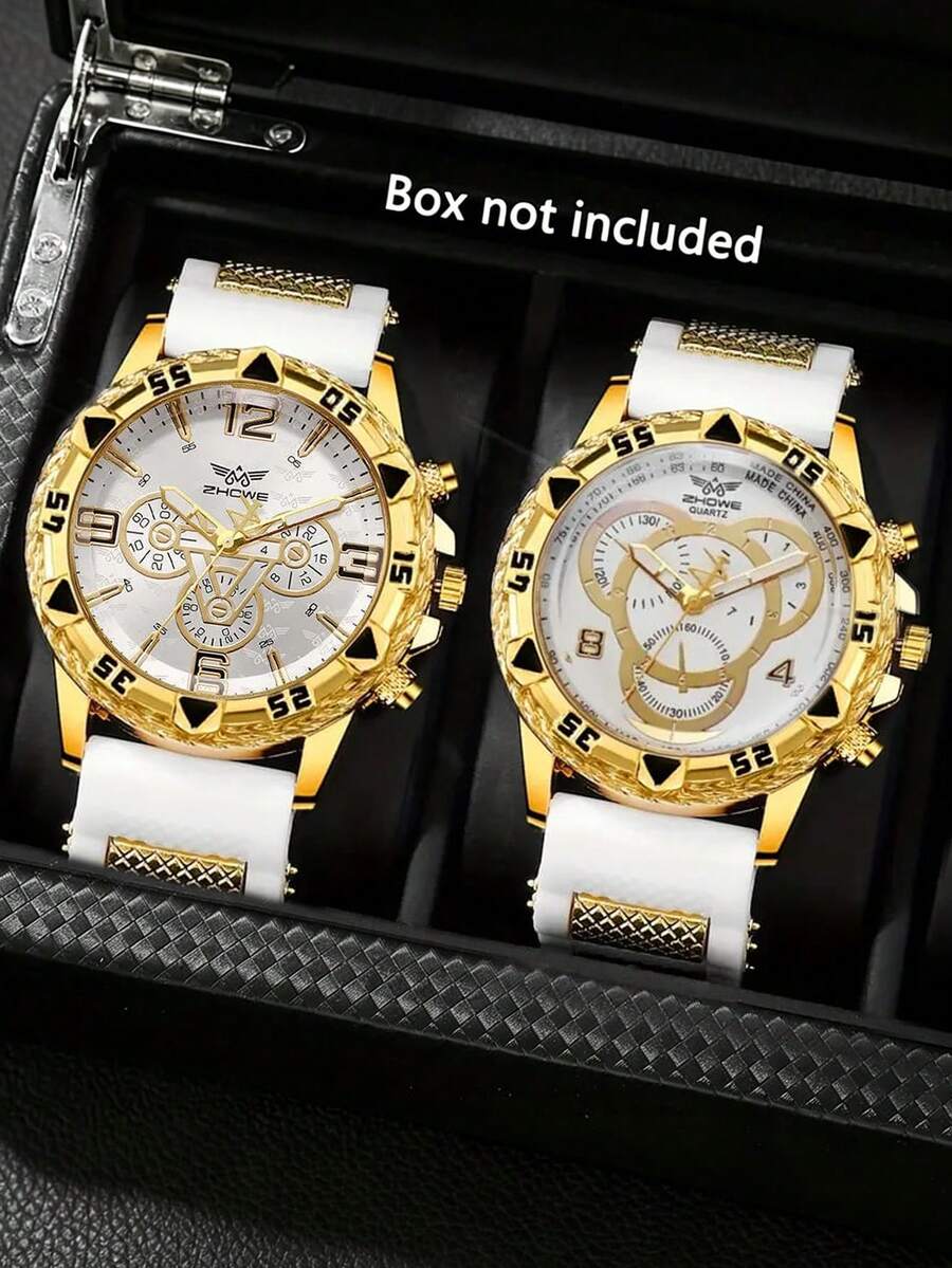2pcs Men's Large Gold Watch Set, Featuring Bold Gold Case Paired With White Silicone Strap, Large Dial Design With Triangle Markings And Number Indicators On Bezel, Exuding Rugged Luxury - Multicolor - View 1