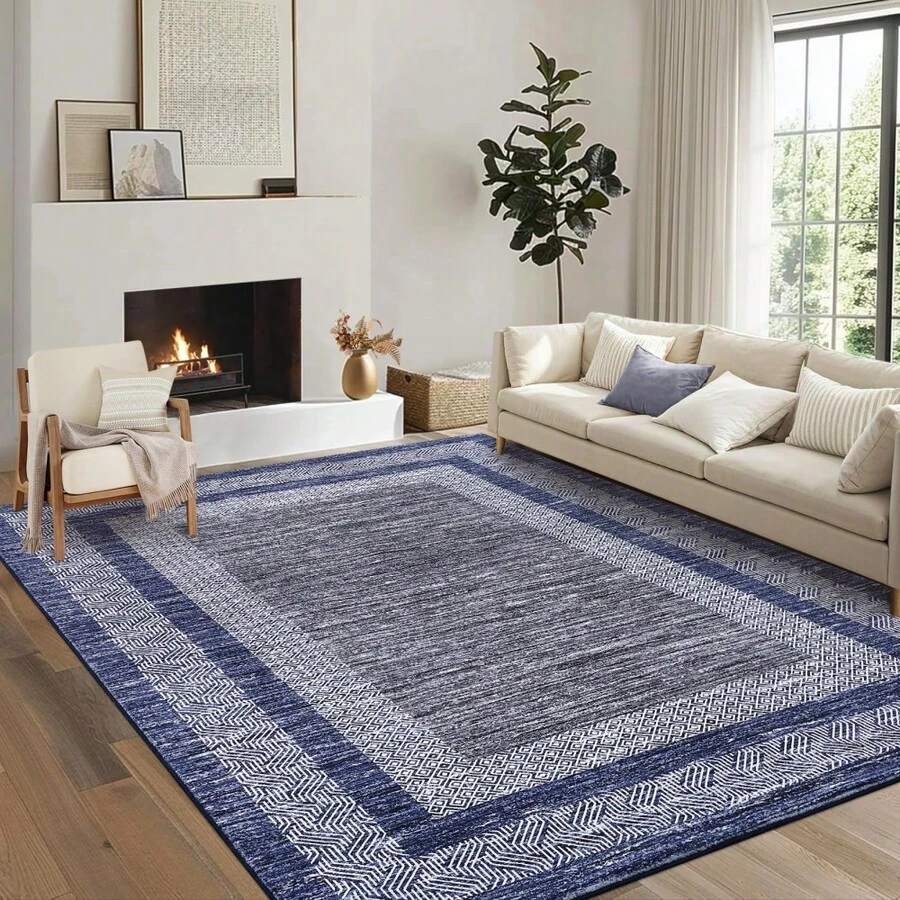 Techigher Modern Bordered Runner Rug, Washable Non-Slip Geometric Hallway Carpet, Distressed Low Pile Indoor Floor Mat For Kitchen, Entrance & Bedroom