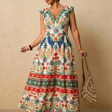 guang zhou mi qian shang mao  Vestido largo de mujer talla grande con estampado floral tropical, cuello en V, mangas con volantes, cintura ceñida y falda en línea A, vestido romántico para vacaciones en primavera temprana - Negro01 - Ver 11
