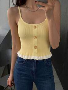 Women's Yellow Ribbed Knit Camisole, Tie-Front Ruffle Trim Camisole, Casual Cropped Tank Top For Summer - Yellow - View 8