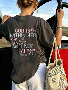 Tween Girl "God Is Within Her She Will Not Fall Psalm 46:5" Printed T-Shirt, Soft And Comfortable, Suitable For Girls Travel, Vacation, Outdoor Sports, Daily Wear, Fashionable Casual Top For Spring And Summer - Dark Grey - View 4