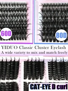 YIDUO 1548片 6款混色 D捲度簇狀接睫毛入門套裝，柔軟仿貂毛輕盈豐盈單根睫毛 8-18mm，含 2 件膠水與封口劑、卸除液，適合居家化妝初學者 DIY 全套 - 彩色 - 查看 7