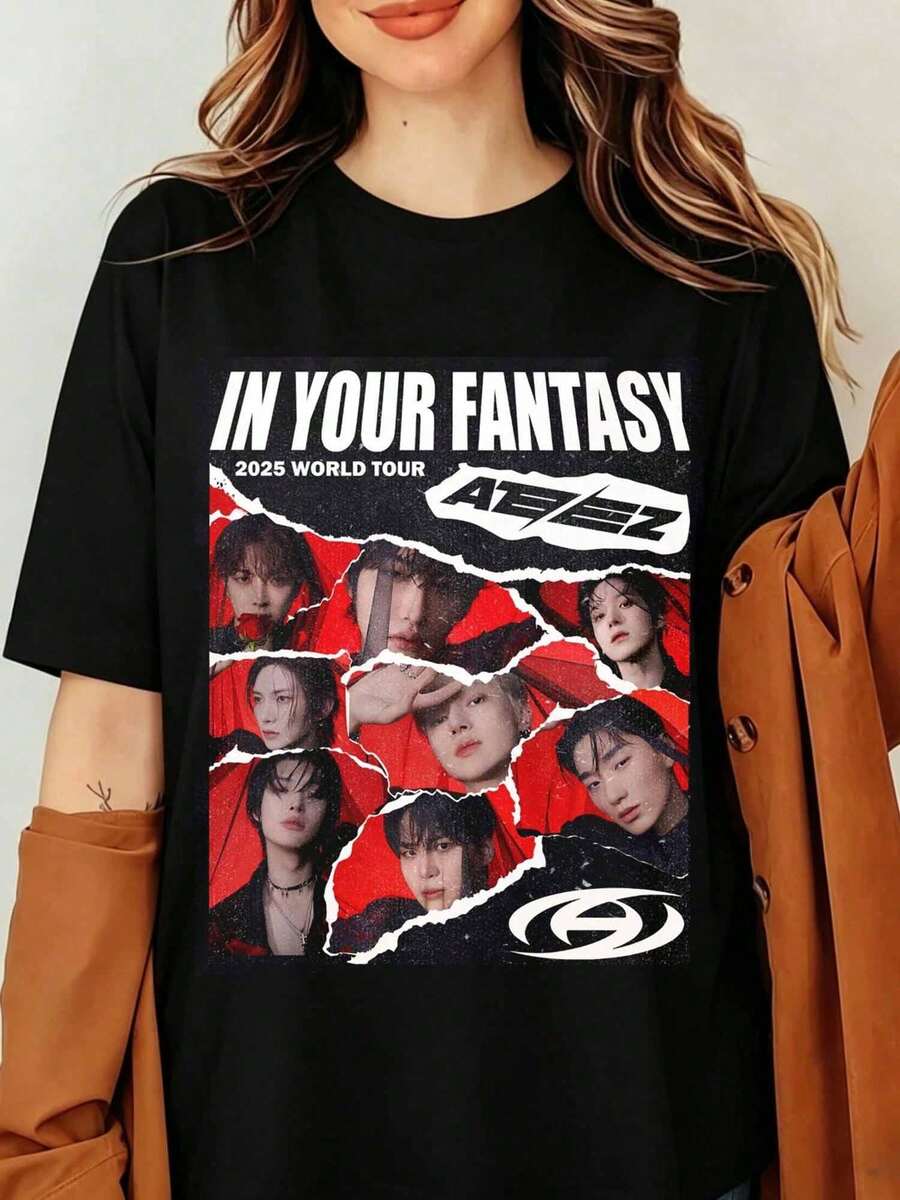 ATEEZ T-shirt, K-Pop Idol Boy Band Merch 2026 In Your Fantasy Towards The Light Tour Concert Sommarkonsert T-shirt, Halo Unisex Softstyle Herr Dam Retro Röd Svart Alla medlemmar Papperstryckt T-shirt Y2K Harajuku Streetwear Sommar Kortärmade Toppar - Svart - Visa 1