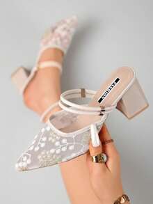 Giày sandal cao gót quai ngang mắt cá chân bằng lưới đính đá thời trang mùa hè mới dành cho nữ - Màu be - Xem 8