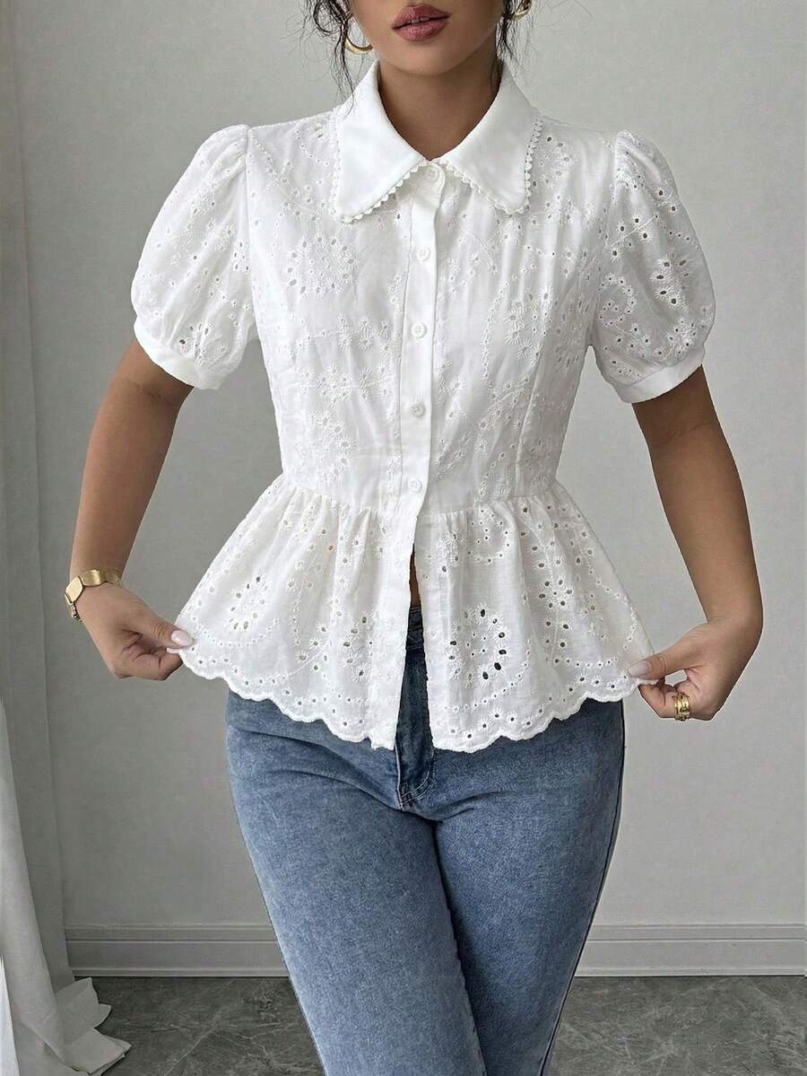 2026 Blusa elegante de verano para mujer con mangas de pétalos huecos y volantes en el bajo - Blanco 2 - Ver 1