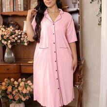 dagjydgfyja Côtesoire Camisón informal para mujer de talla grande con botones delanteros y ribete de contraste - Rosa - Ver 2