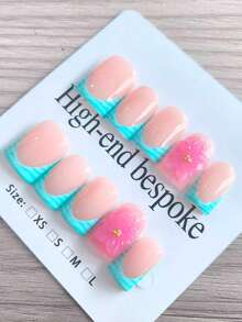 10Pcs Handmade Short French Press On Nails | Cute Summer 3D Pink Flower Nail Tips | Glossy Reusable False Nails | For Girls Summer Daily & Pool Party - 青碧色 - 查看 3
