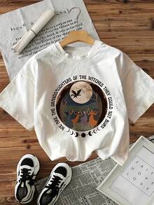 Minimalist. 100% Cotton. 1 Piece. Women's Halloween Witch And Moon Graphic T-Shirt - Soft, Short-Sleeved, Crew Neck, "Witches Have A Broom" Print, Comfortable, Casual Fit For Spring And Summer. Spring/Summer Top. - 白色 - 查看 1