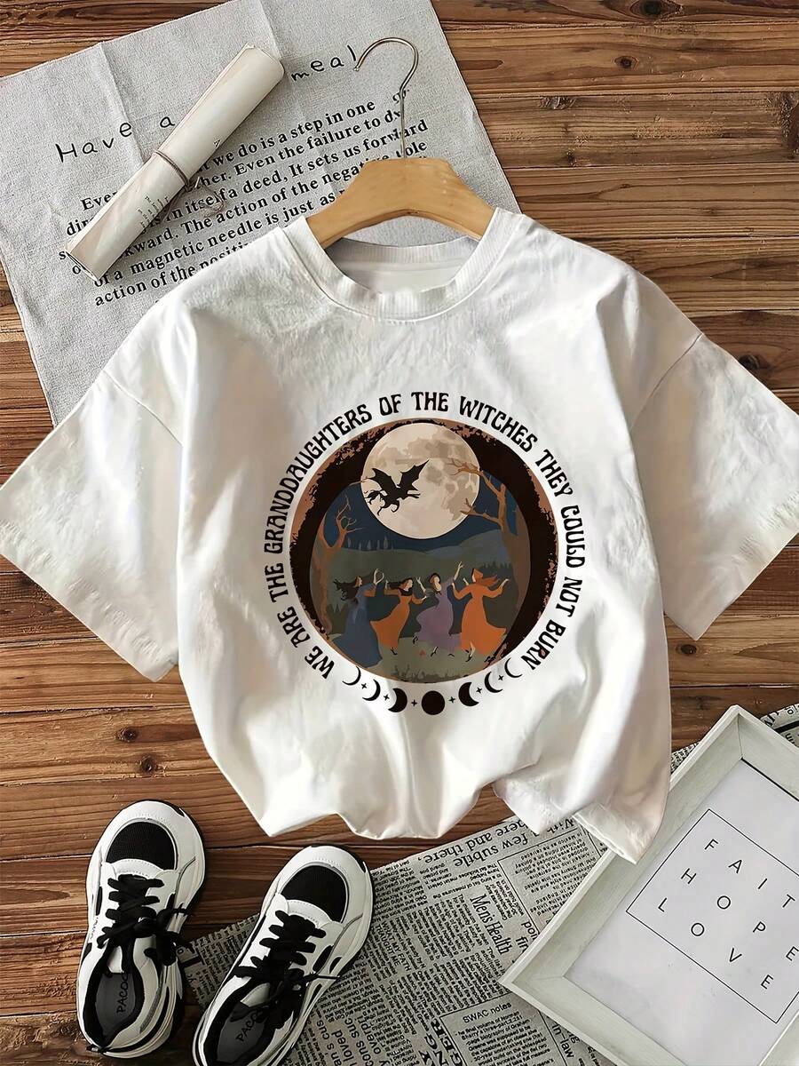 Minimalist. 100% Cotton. 1 Piece. Women's Halloween Witch And Moon Graphic T-Shirt - Soft, Short-Sleeved, Crew Neck, "Witches Have A Broom" Print, Comfortable, Casual Fit For Spring And Summer. Spring/Summer Top. - 白色 - 查看 1