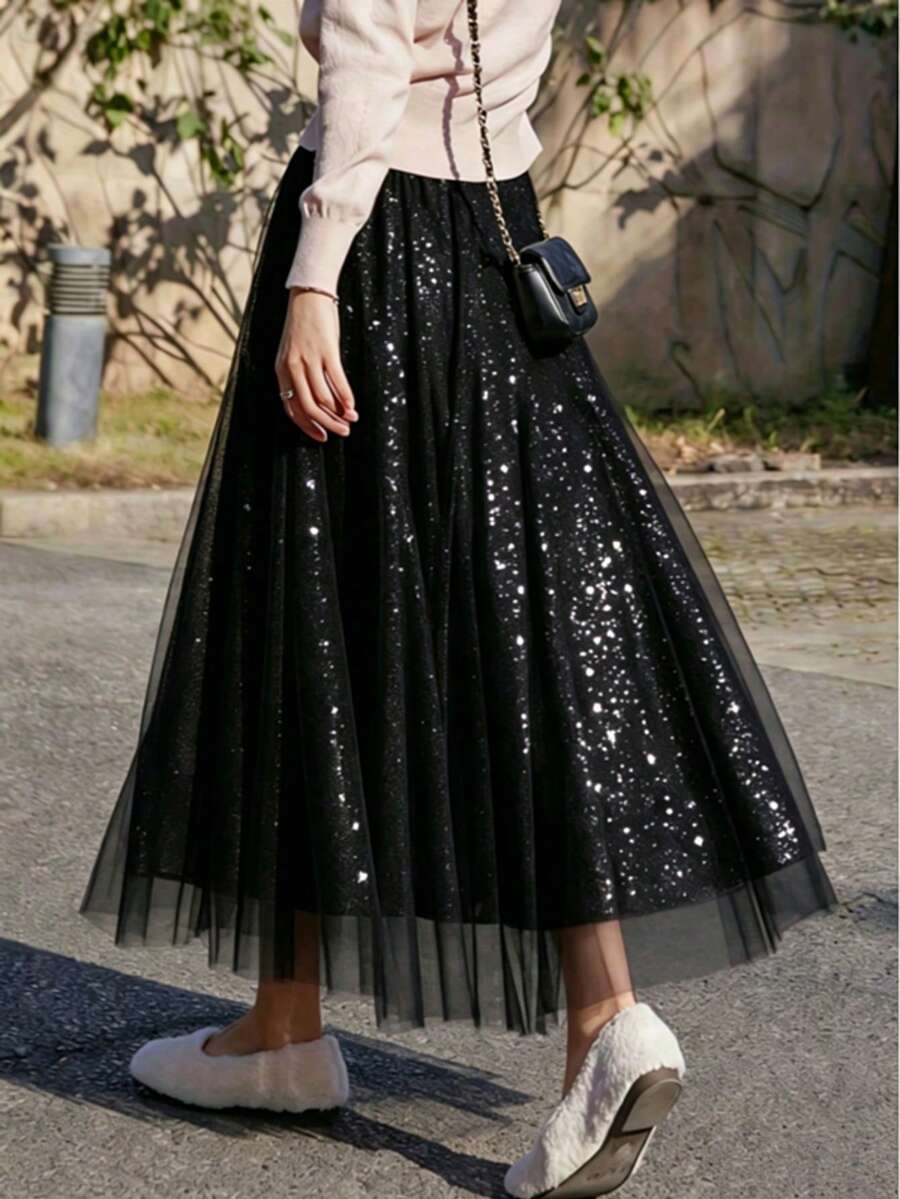 Spring/Summer New Versatile Pink Sequin Skirt, Pink Mesh A-Line Skirt, Pleated Flared Skirt Black - Black - View 1