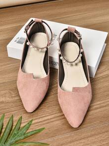 2026 Fashion Wedding Party Shoes, Decorated With Faux Pearl Chains, Radiating Elegant Elegant. Low Heel, Spring/Summer New Style, Soft Wind Pearl Single Buckle Mary Jane Shoes, Flat Suede Pointed Toe Shoes, Suitable For Plus Size, Work Or Casual Wear, Suitable For Students, Non-Irritating Flat Shoes, Soft Sole Comfortable, Suitable For Dates, Vacations And Daily Wear - Pink - View 1