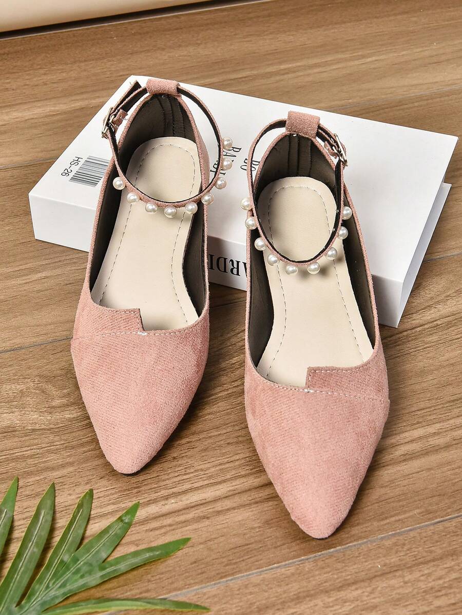 2026 Fashion Wedding Party Shoes, Decorated With Faux Pearl Chains, Radiating Elegant Elegant. Low Heel, Spring/Summer New Style, Soft Wind Pearl Single Buckle Mary Jane Shoes, Flat Suede Pointed Toe Shoes, Suitable For Plus Size, Work Or Casual Wear, Suitable For Students, Non-Irritating Flat Shoes, Soft Sole Comfortable, Suitable For Dates, Vacations And Daily Wear - Pink - View 1