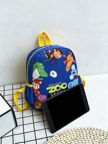 1pc Teen Cartoon Animal Nylon Backpack, Zipper Closure Printed Small School Bag - Blue - View 3