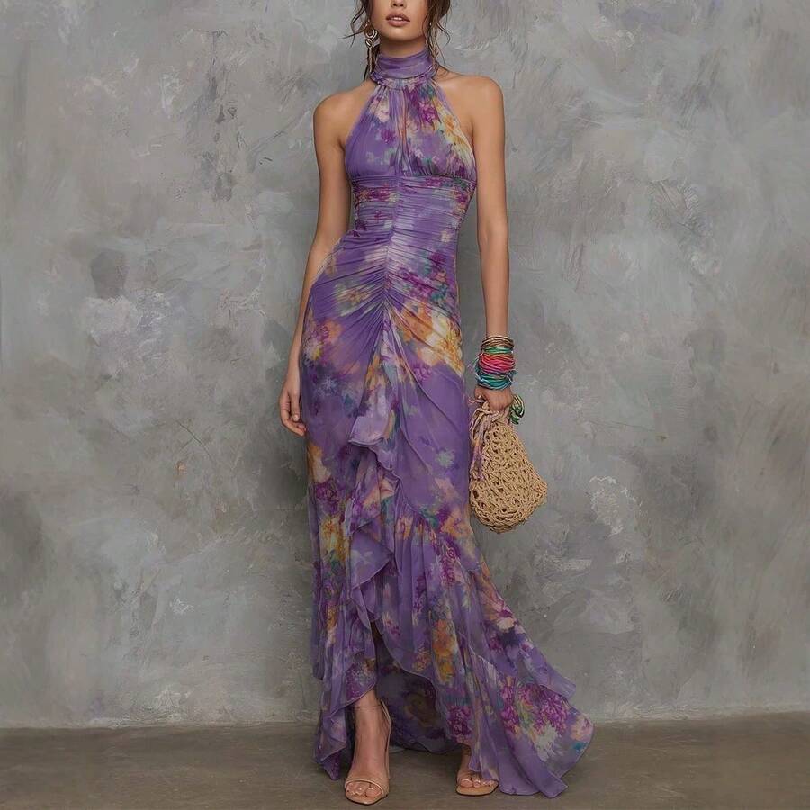 Elegant Boho Women's Purple Floral Halter Maxi Dress With Ruffled Asymmetrical Hem, Sleeveless A-Line Design, Perfect For Formal Occasions. - Purple - View 1