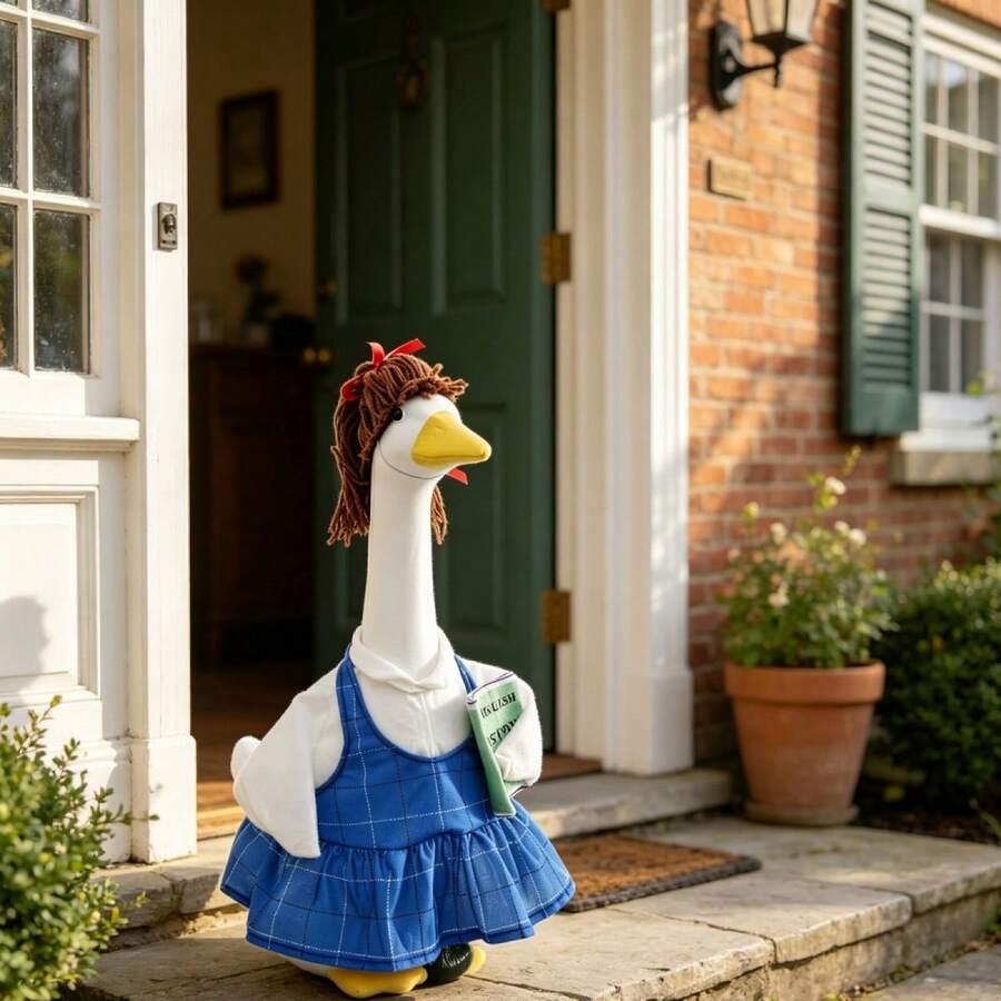 Porch Goose Back To School Outfit Cute Dress And Ponytail Wig Set For 23 Inch Lawn Goose Statue Clothes - 藍色 - 查看 1