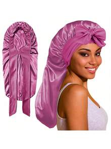 2/1pc Women's Long Satin Faux Silk Bow Sleep Cap, Large Size Braided Curly Hair Sleeping Cap, Suitable For Sleeping And Daily Beauty Use - Multicolor - View 5