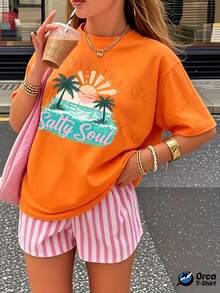 Camiseta casual de verano para mujer, camiseta de algodón puro personalizada y a la moda estilo y2k, top holgado de manga corta, elegancia urbana, transpirable para uso diario, ropa de verano con estampado creativo, regalo para deportes al aire libre, diseño con estampado de cocotero rosa, texto impreso "Salty Soul", estilo de vacaciones de verano. - Verde - Ver 9