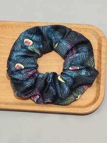1pc Bohemian Style Peacock Feather Print Elastic Hair Scrunchie, Retro Y2K Vibe Daily Hair Accessory Ponytail Hair Ties Elastics Rubber Bands - Multicolor - View 3