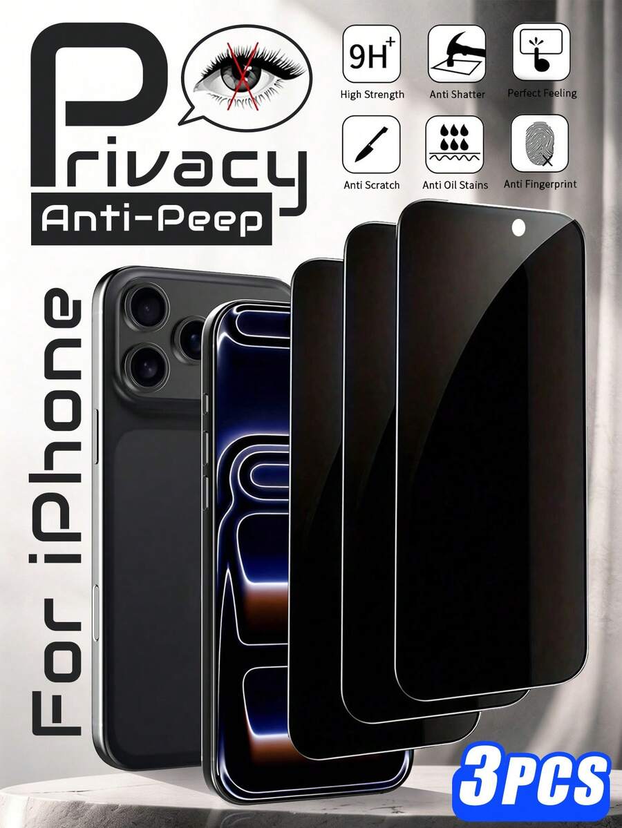 3Pcs Privacy Tempered Glass Screen Protector, High Hardness Anti-Scratch Wear Resistant Film For IPhone 17 Pro Max 11 12 13 14 15 16 17 XS Max - Black - View 1