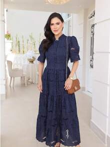 Women's Elegant Floral Embroidered Lace Midi Dress, 100% Cotton, With Puff Sleeves, Front Buttons And Full Skirt - Romantic And Sophisticated Look, Summer 2025 - 藏蓝色 - 查看 3