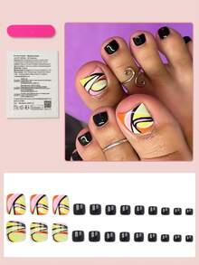 24 piezas Uñas postizas cuadradas de cobertura completa con decoración de líneas abstractas coloridas sobre fondo negro, acabado brillante, adecuadas para mujeres y niñas - Multicolor - Ver 2