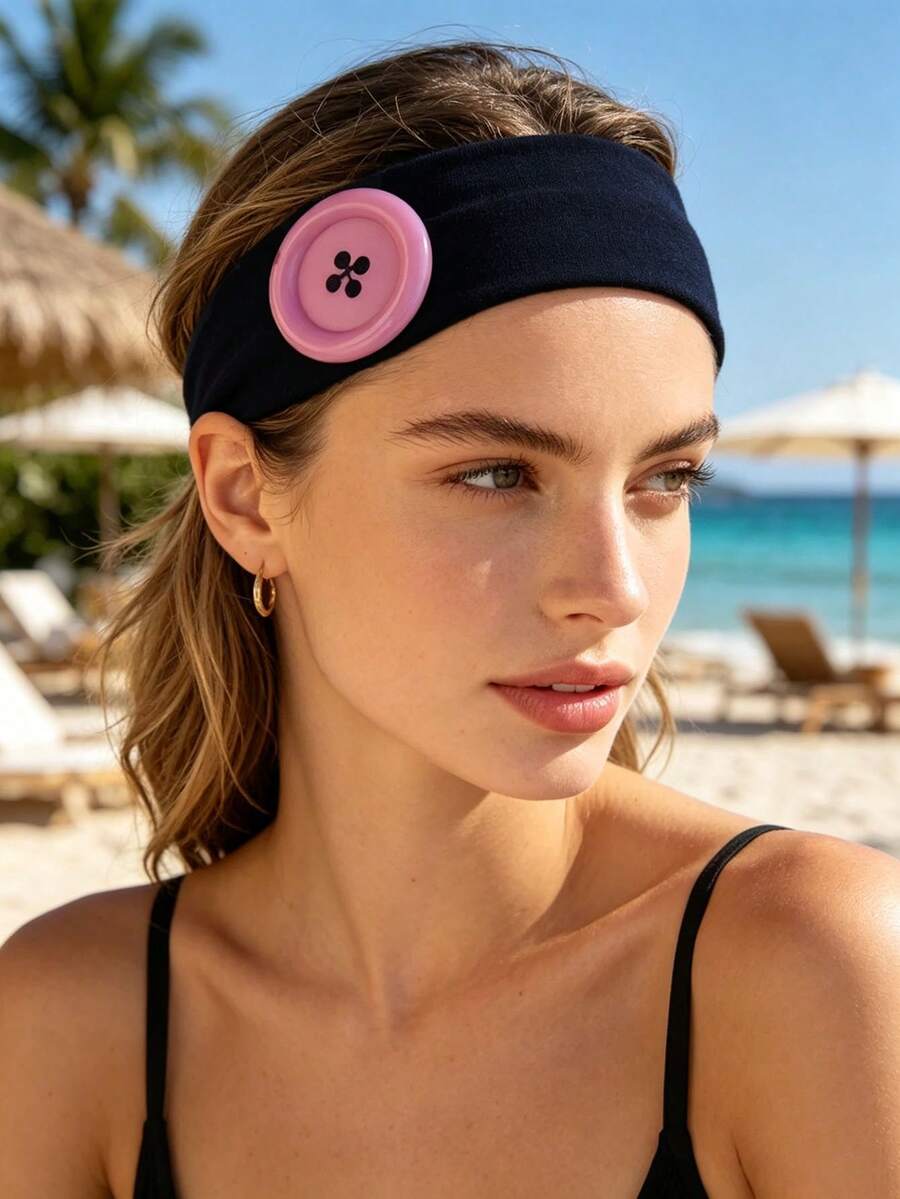 1pc Solid Color Sweatband, Paired With Button Decor, Fashionable Women Headband, Dopamine Headband, Hair Accessory - Black - View 1