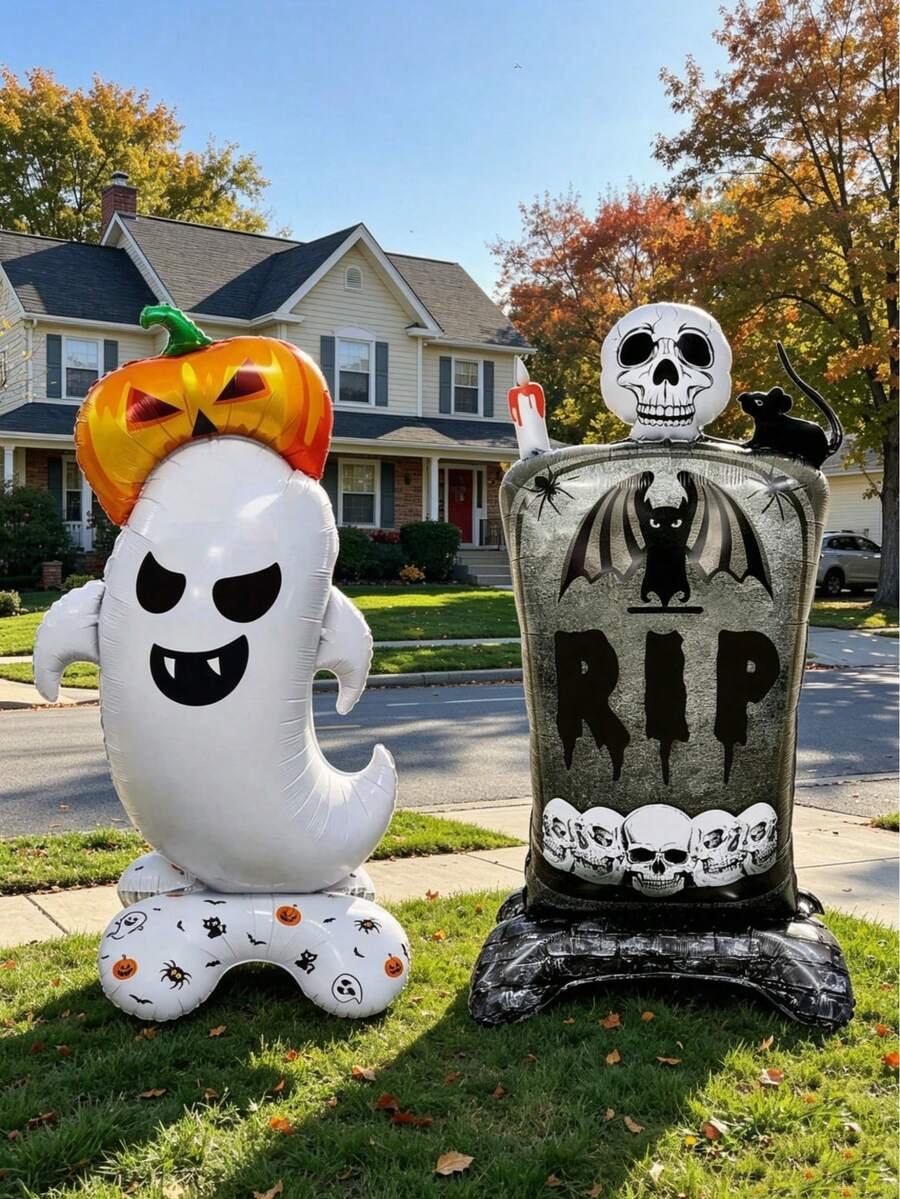 kumozawa 2pcs Halloween Giant Balloon Set Self-Standing Pumpkin Ghost And Skeleton Graveyard Foil Polyester Film Balloons Day Of The Dead Punch Wall Decor Halloween Party Birthday - Multicolor - View 1
