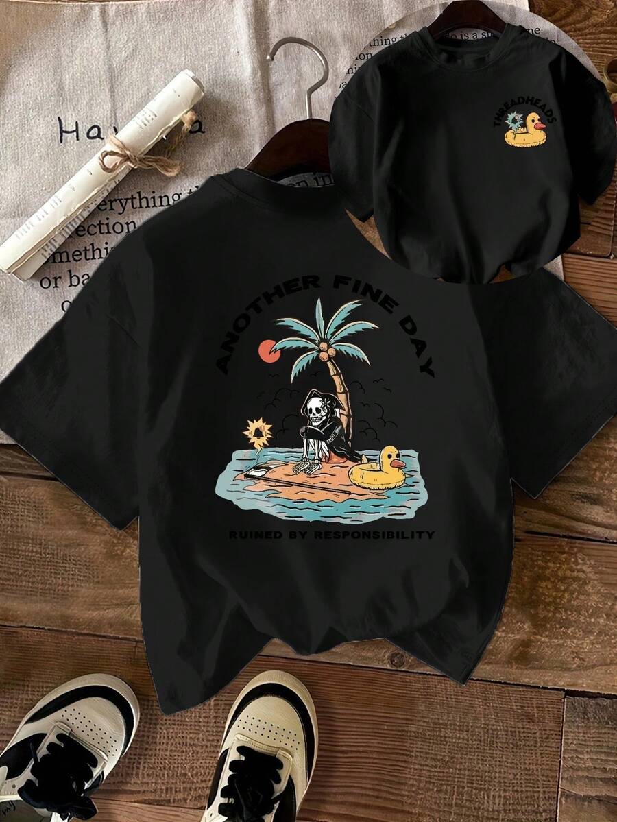 Casual Short-Sleeved Printed T-Shirt. 100% Cotton. 1 Piece. Women's Casual Short-Sleeved T-Shirt With A Round Neck And Double-Sided Print, A Must-Have For Fashionable Women's Workwear, Machine Washable. Spring/Summer Top. - 黑色 - 查看 1