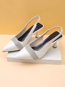 1 Pair Silver Teen Spring/Summer Rhinestone Pointed Toe Slingback Sandals, Matte PU Material + Multi-Layer Rhinestone Decor, Stiletto Heel With Elastic Back Strap Design, Versatile Commuter High Heels, Suitable For Office / Date / Party Occasions, 2026 New Women's Shoes - Silver - View 5