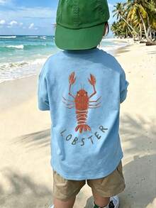小男孩休閒趣味印花圓領套頭短袖T恤夏季上衣，透氣 - 淺藍色 - 查看 3