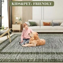 Techigher Modern Bordered Runner Rug, Washable Non-Slip Geometric Hallway Carpet, Distressed Low Pile Indoor Floor Mat For Kitchen, Entrance & Bedroom - Green - View 7